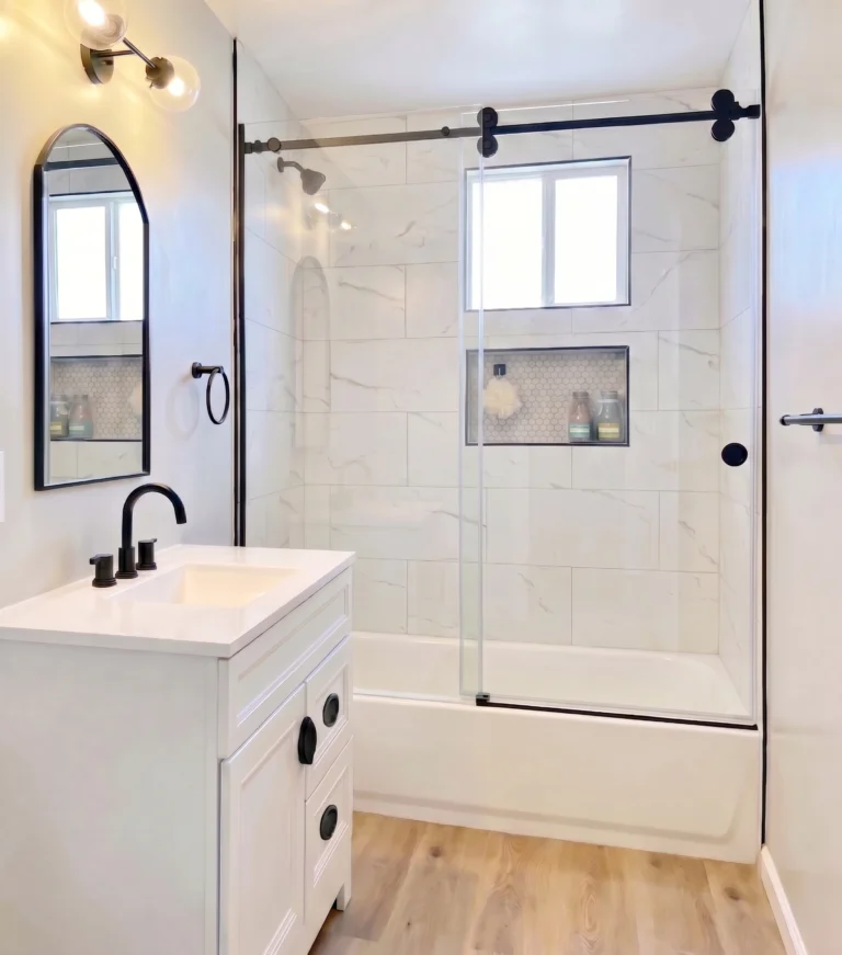 Bathtub glass sliding door in white interior