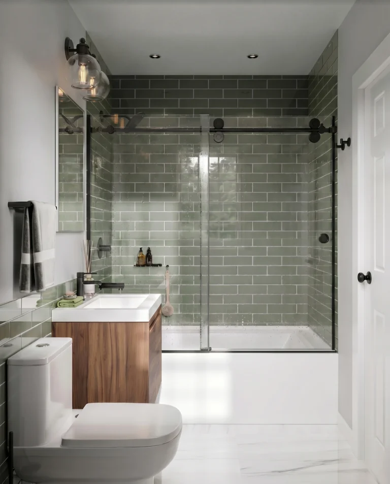 Tub glass sliding door in renovated bathroom