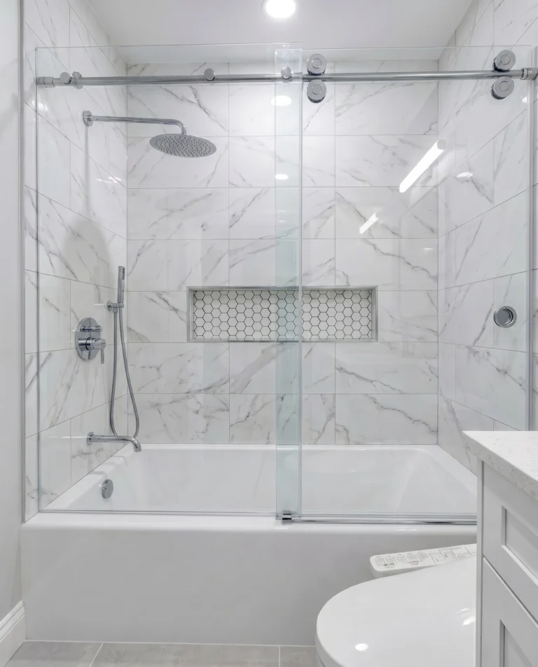 Tub glass sliding door in minimalistic style